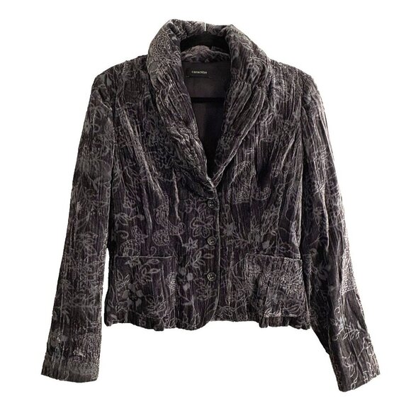 CARACTERE Women Velvet Jacket Blazer Size 6 Purple Lined Floral Collared 35-7 - Picture 1 of 14